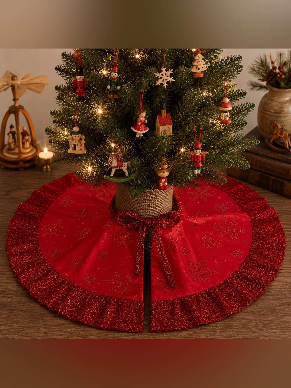 18” Mini Christmas Tree Skirt Red Glitter Snowflake Tabletop Tree